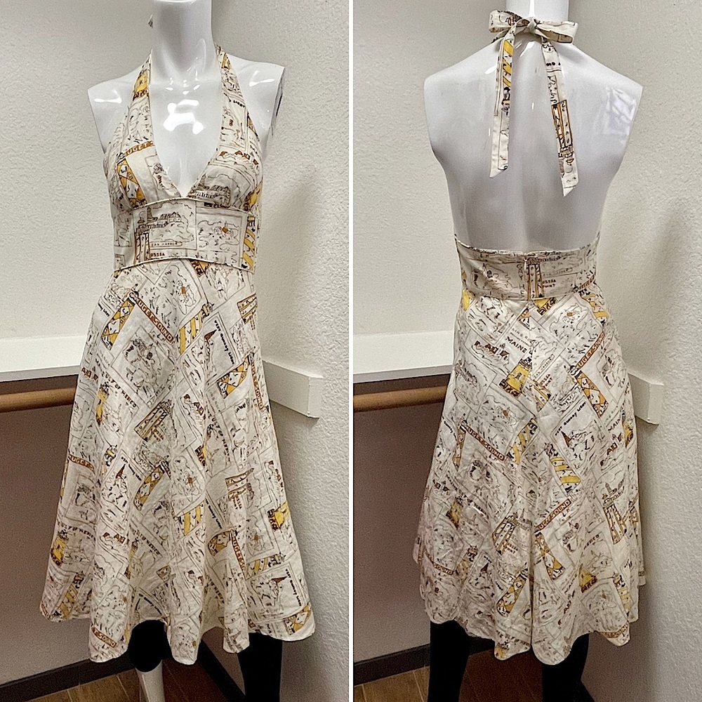 J.Crew Lighthouse Postcard Print Linen Halter Dress Sz 2